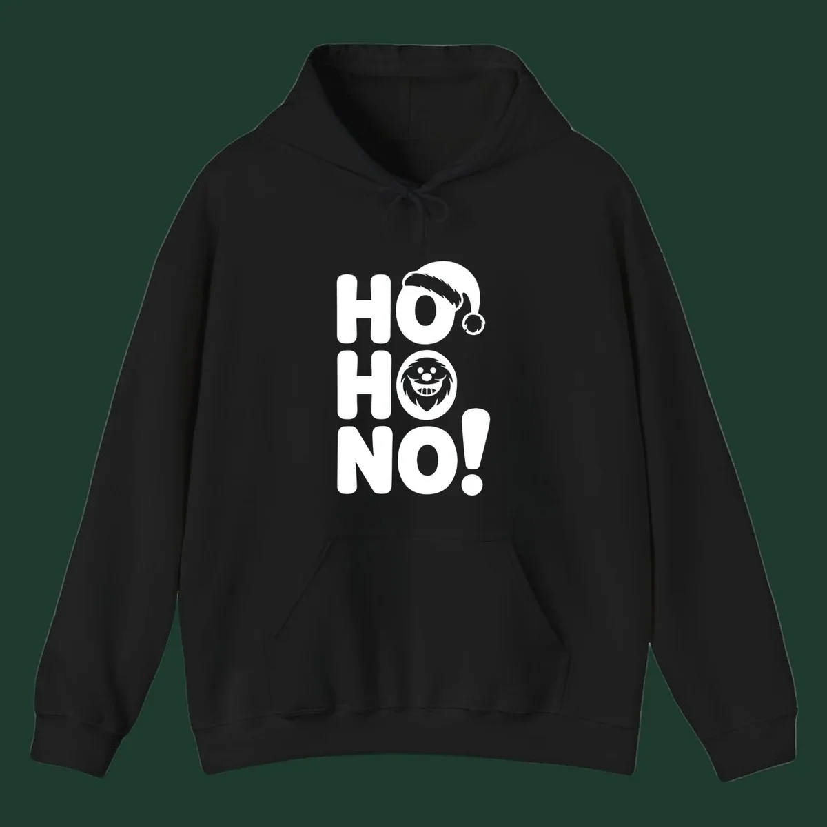 Ho ho no monster graphic with Santa hat and text on black or white background.