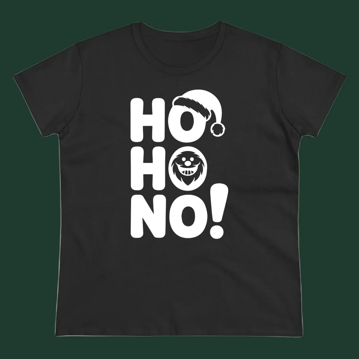 Ho ho no monster graphic with Santa hat and text on black or white background.