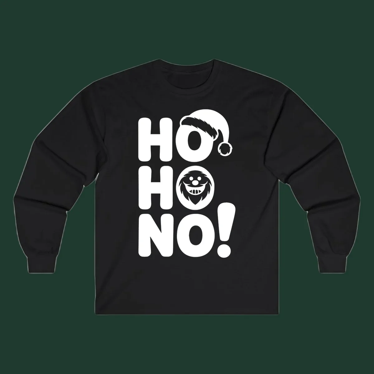 Ho ho no monster graphic with Santa hat and text on black or white background.