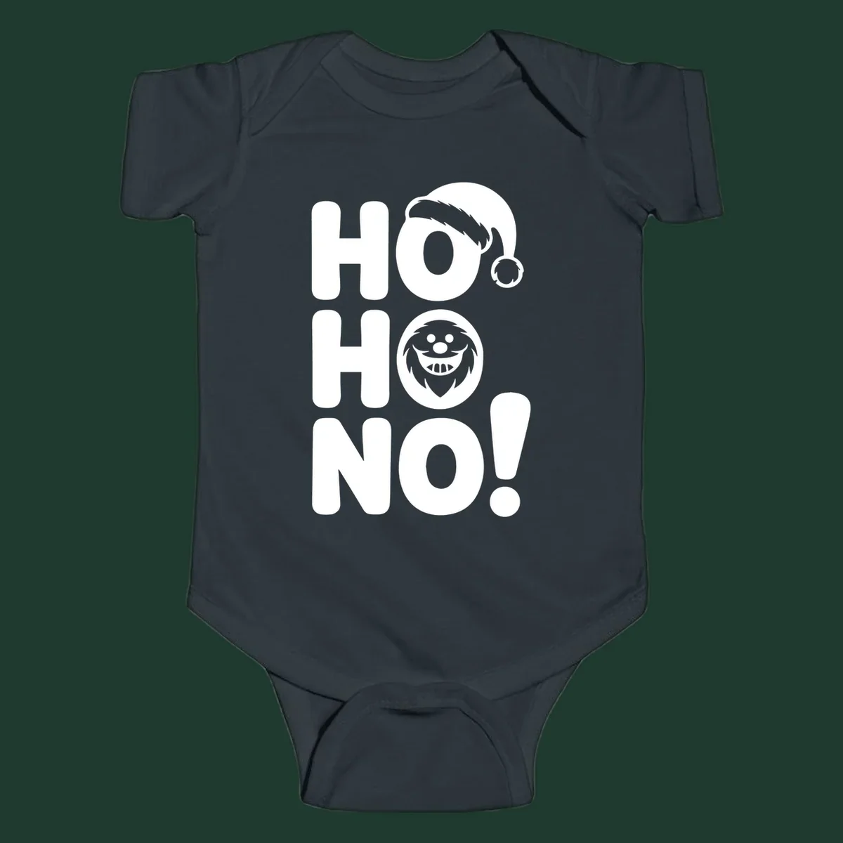 Ho ho no monster graphic with Santa hat and text on black or white background.