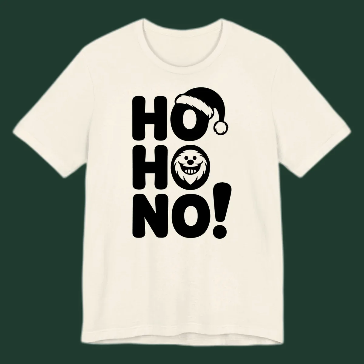 Ho ho no monster graphic with Santa hat and text on black or white background.