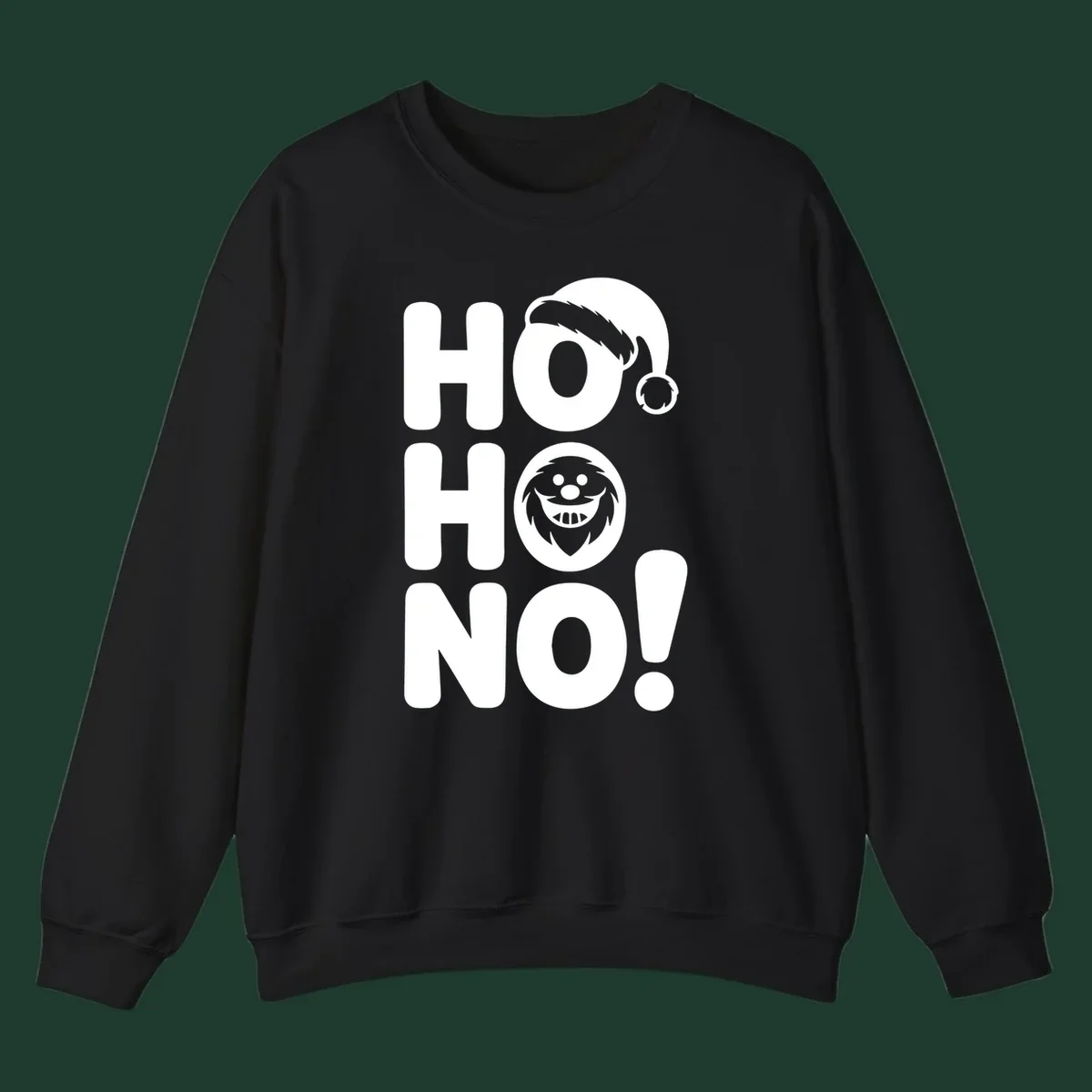 Ho ho no monster graphic with Santa hat and text on black or white background.