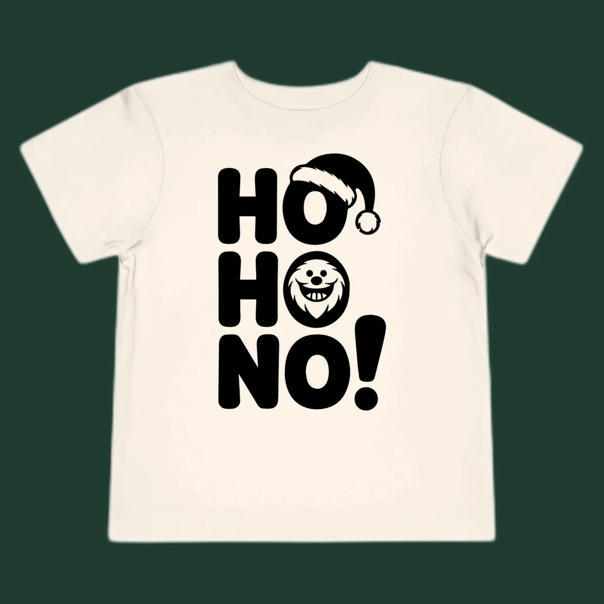 Ho ho no monster graphic with Santa hat and text on black or white background.