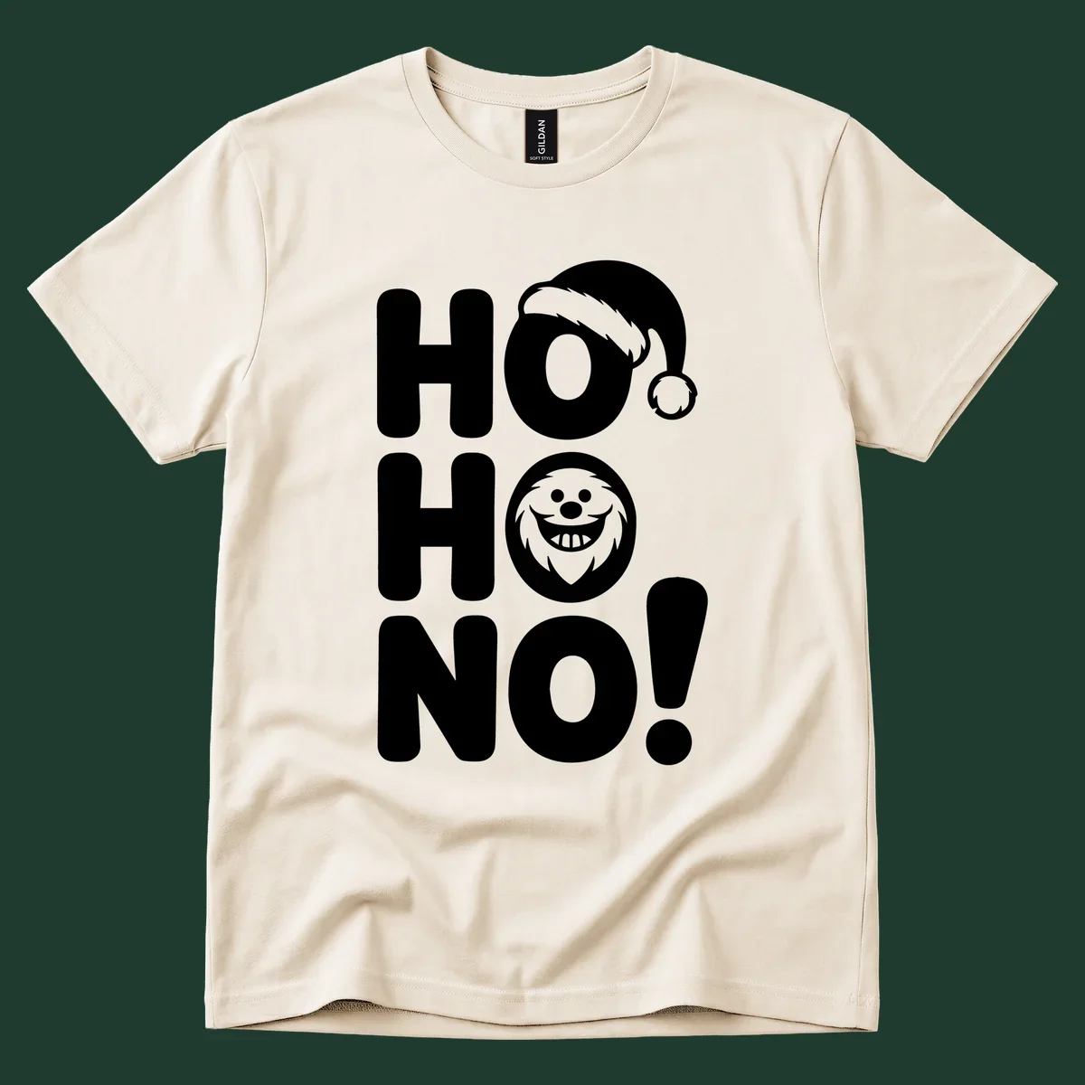 Ho ho no monster graphic with Santa hat and text on black or white background.