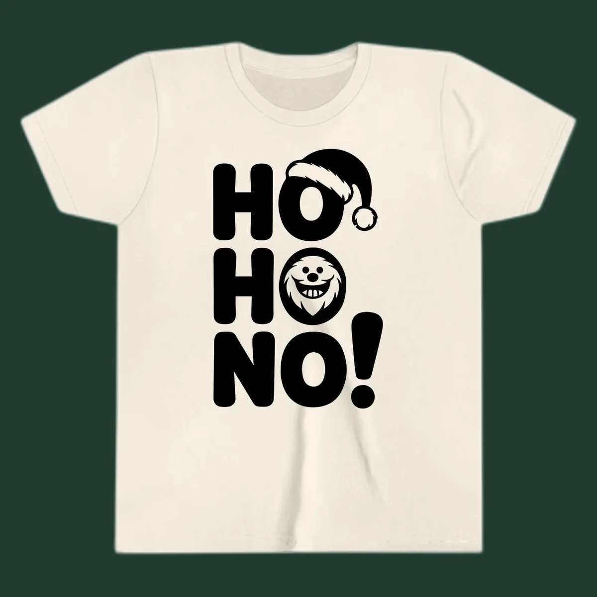 Ho ho no monster graphic with Santa hat and text on black or white background.