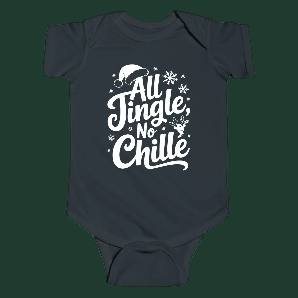 All Jingle No Chille Christmas phrase with Santa hat and snowflakes graphic.