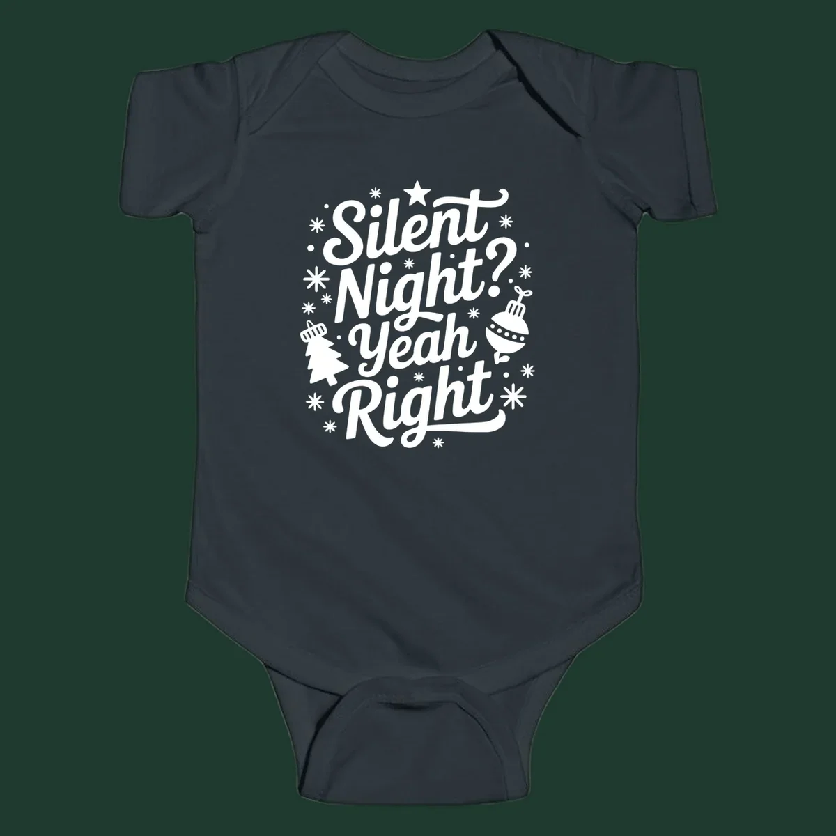 Silent Night Yeah Right typography design with snowflakes, star, and Christmas tree.