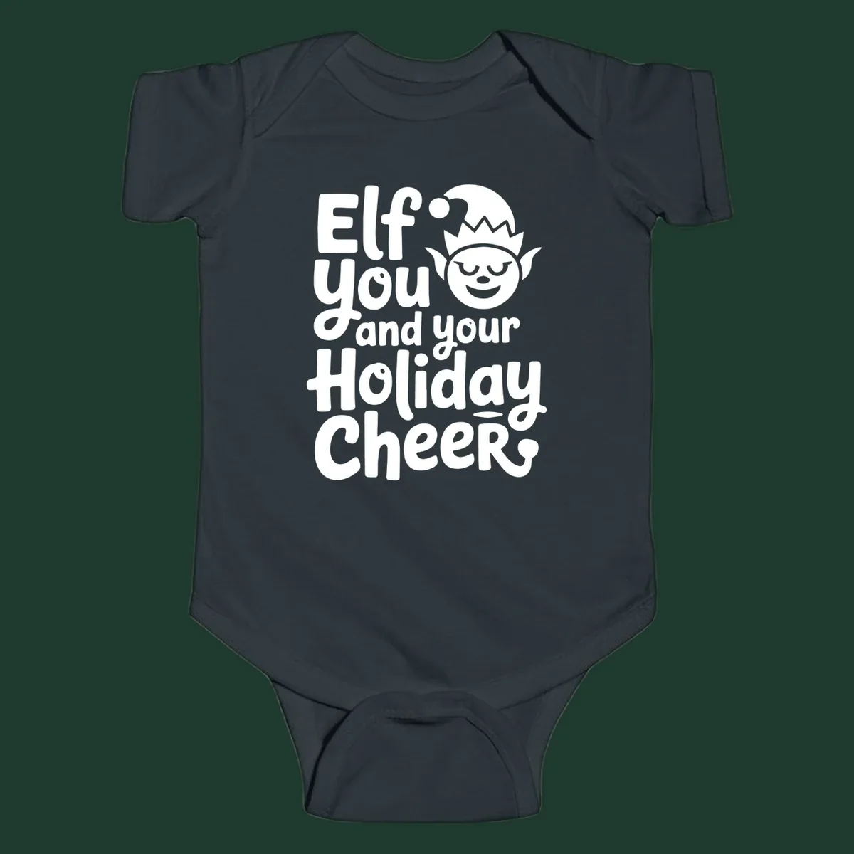 Elf you and your holiday cheers text with an elf illustration.