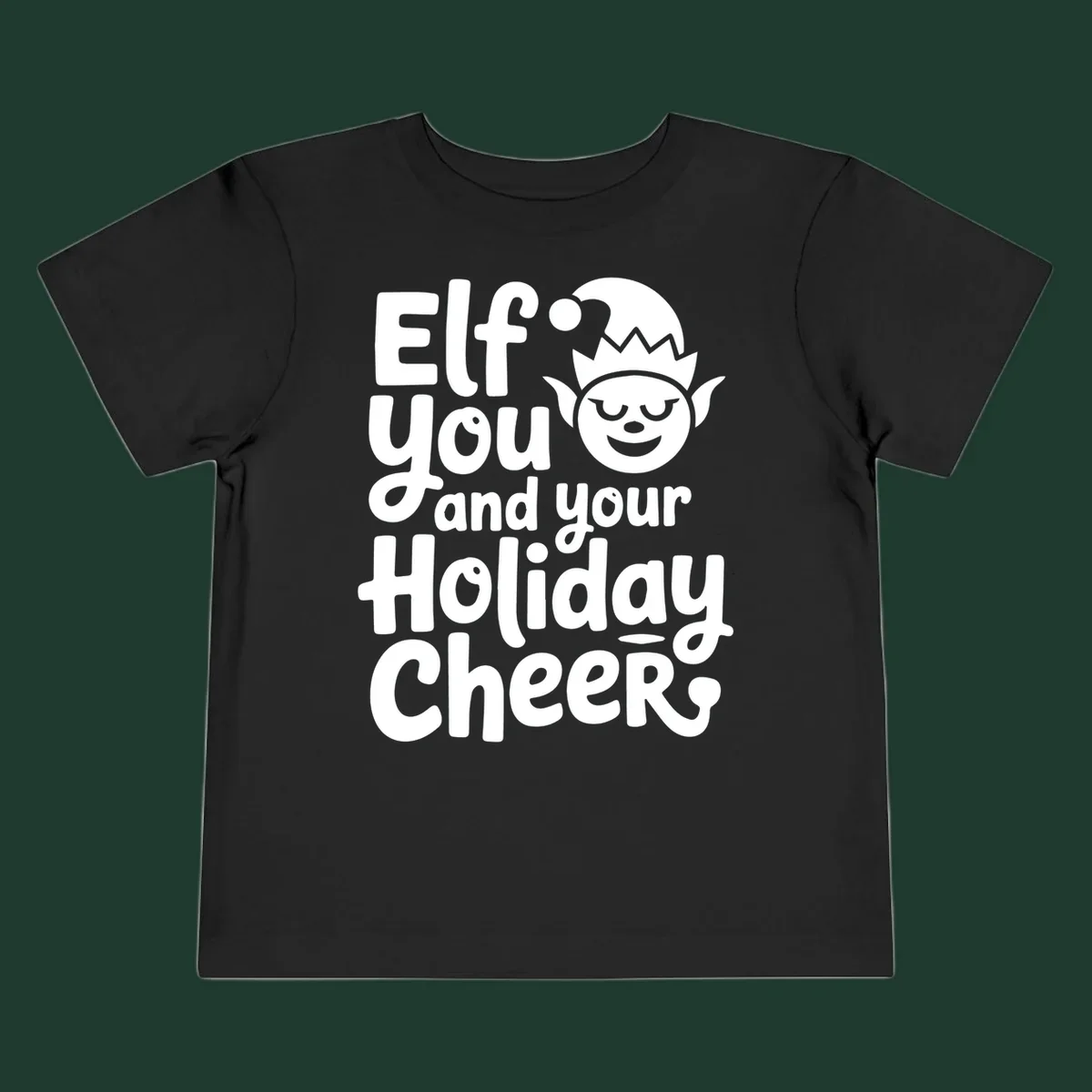 Elf you and your holiday cheers text with an elf illustration.