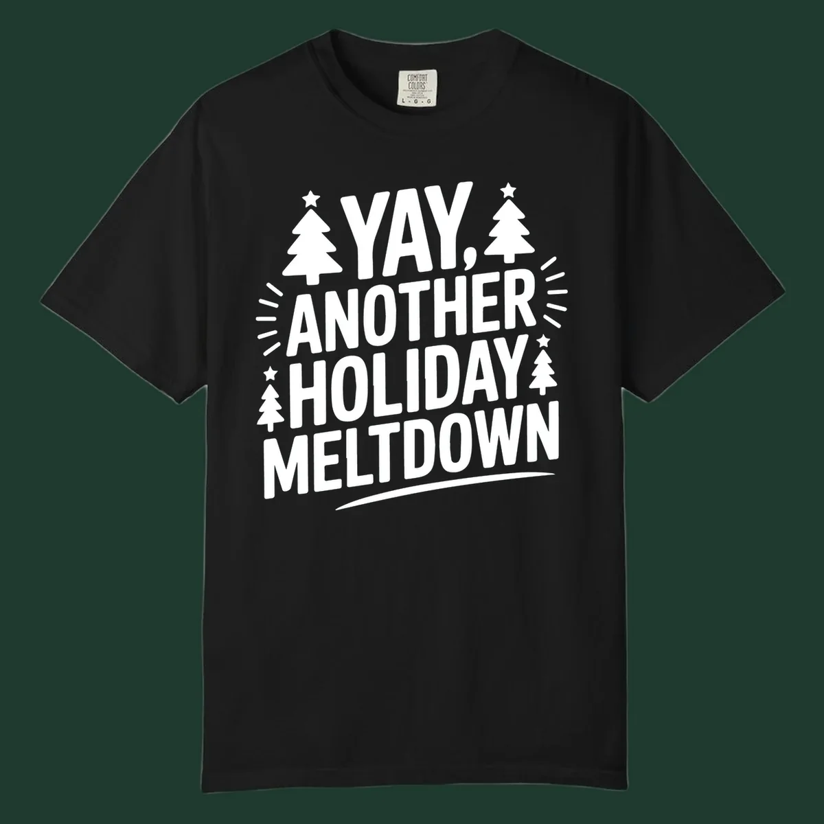 Yay Another Holiday Meltdown typography with Christmas trees and stars. holiday-meltdown-typography