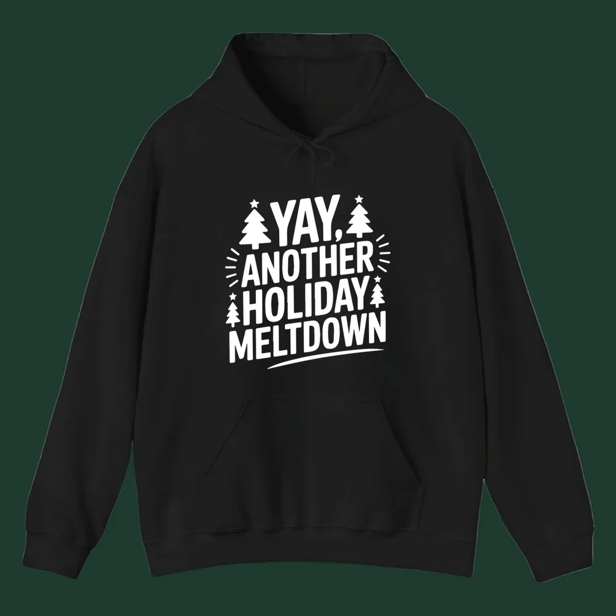 Yay Another Holiday Meltdown typography with Christmas trees and stars. holiday-meltdown-typography
