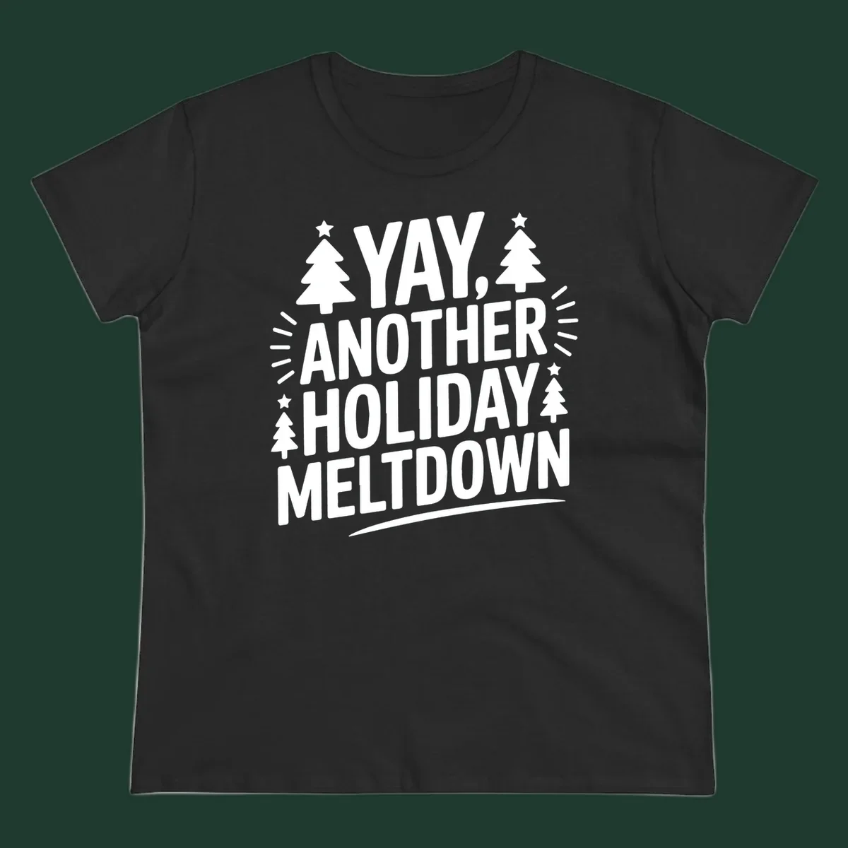 Yay Another Holiday Meltdown typography with Christmas trees and stars. holiday-meltdown-typography