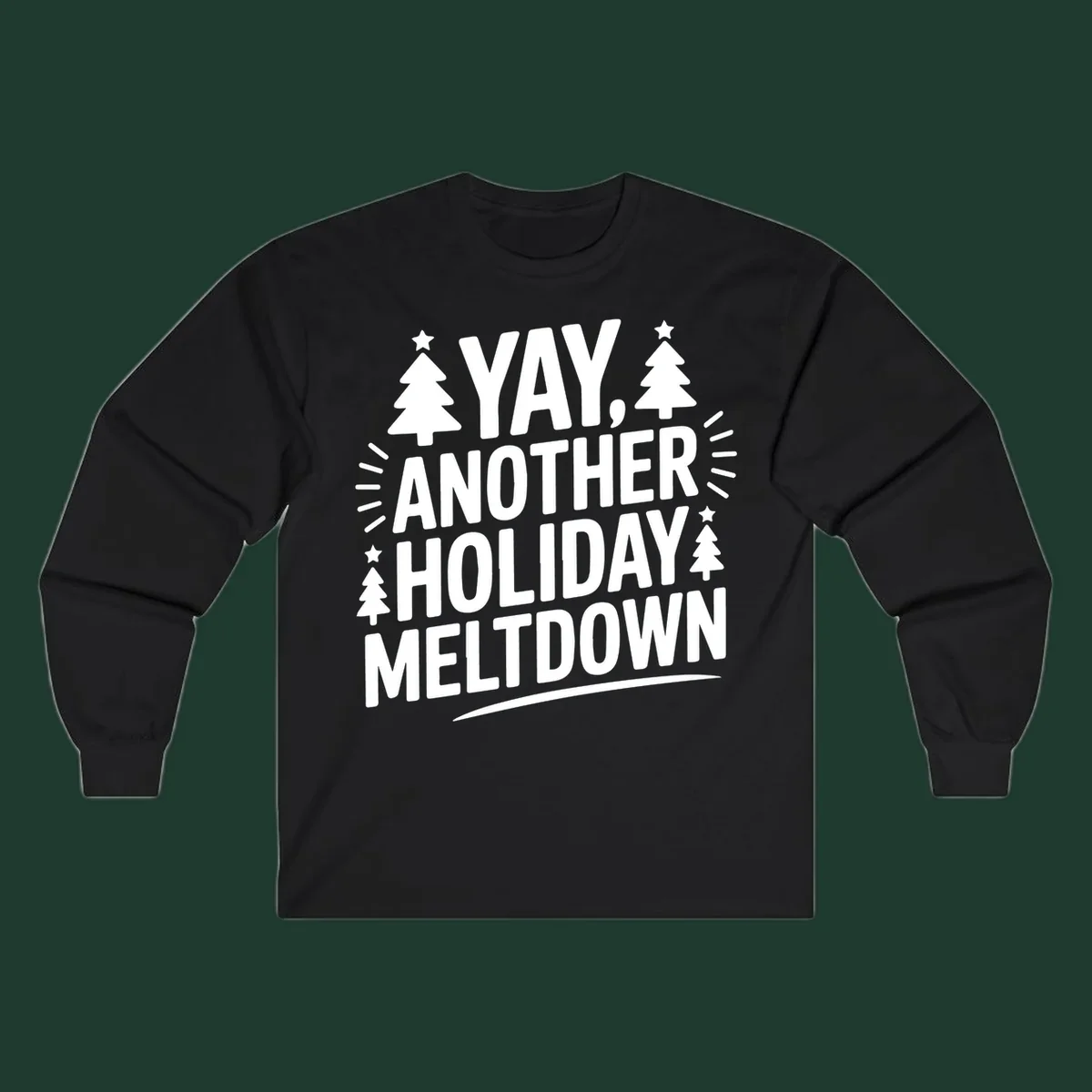 Yay Another Holiday Meltdown typography with Christmas trees and stars. holiday-meltdown-typography