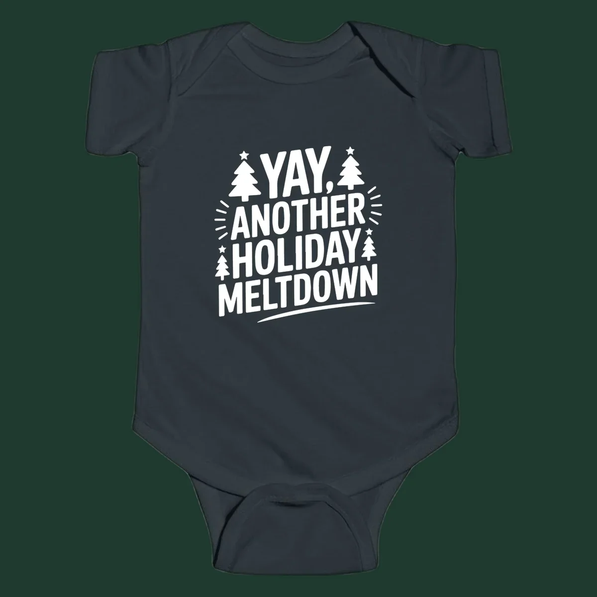 Yay Another Holiday Meltdown typography with Christmas trees and stars. holiday-meltdown-typography