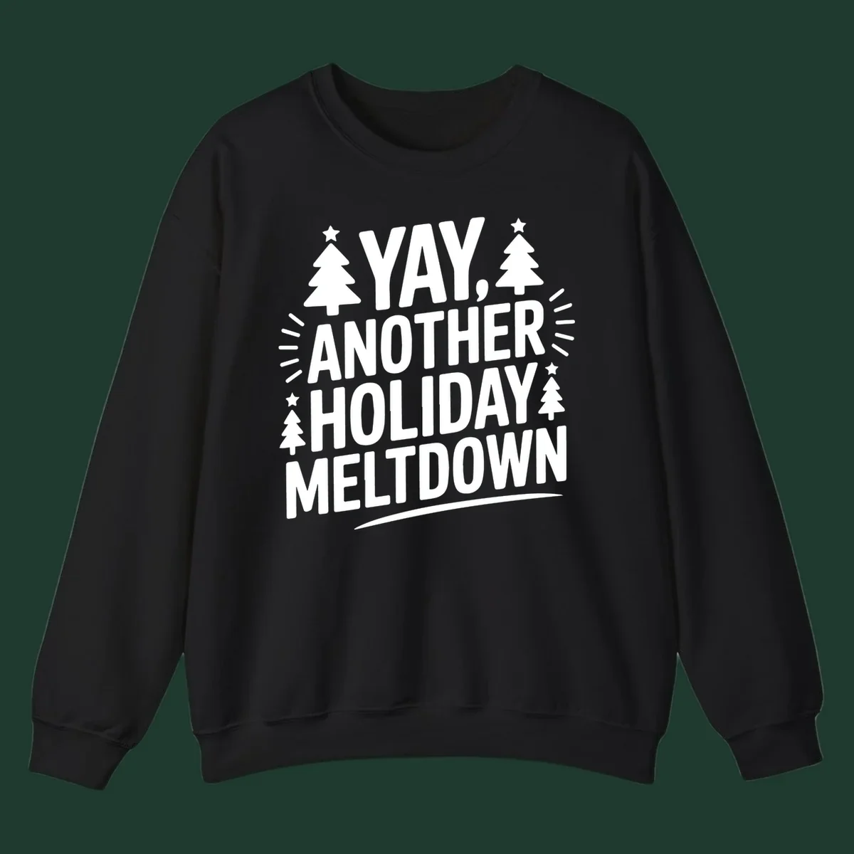 Yay Another Holiday Meltdown typography with Christmas trees and stars. holiday-meltdown-typography