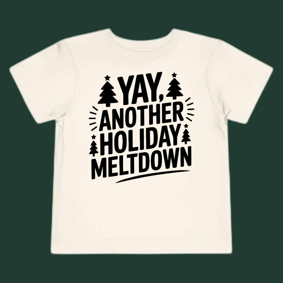 Yay Another Holiday Meltdown typography with Christmas trees and stars. holiday-meltdown-typography
