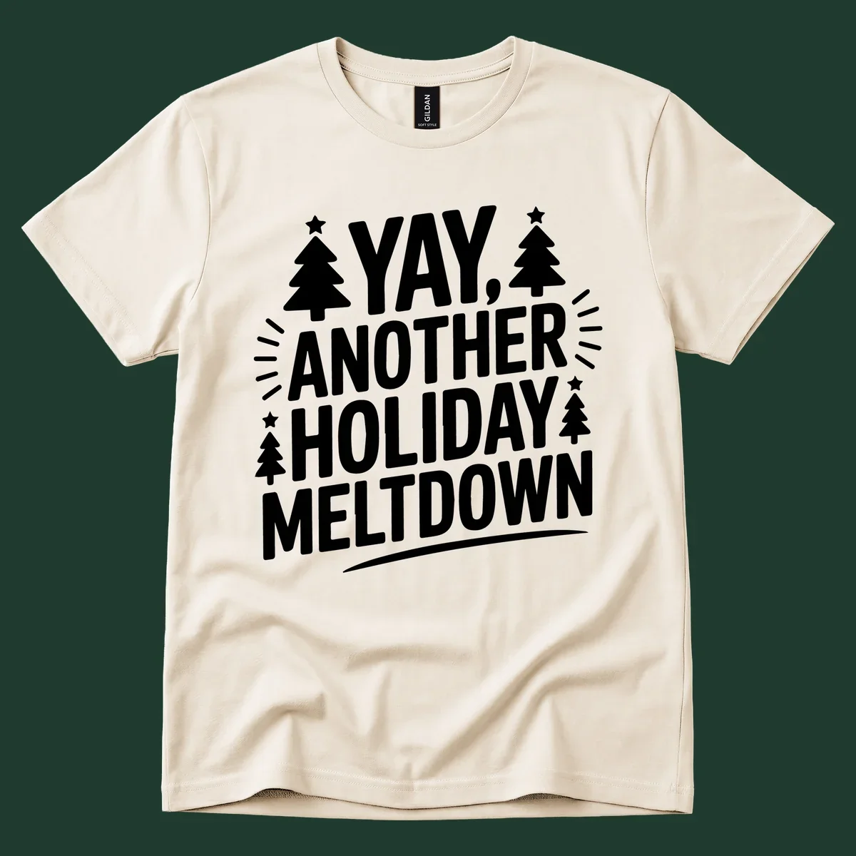Yay Another Holiday Meltdown typography with Christmas trees and stars. holiday-meltdown-typography