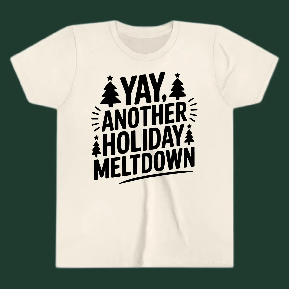 Yay Another Holiday Meltdown typography with Christmas trees and stars. holiday-meltdown-typography