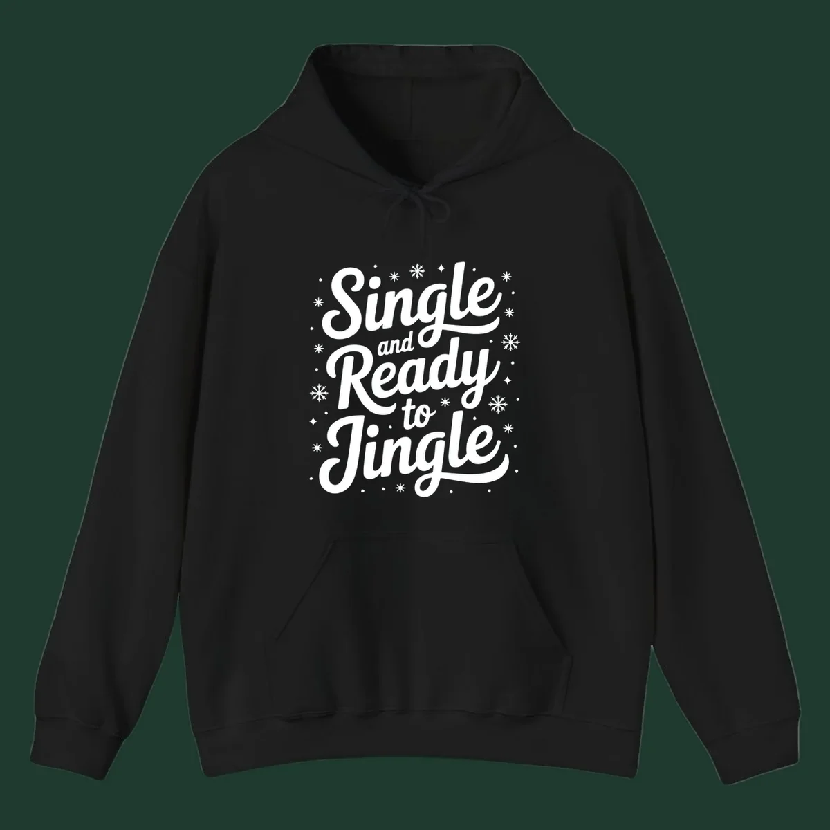 Single and ready to jingle typography graphic with snowflakes and stars.