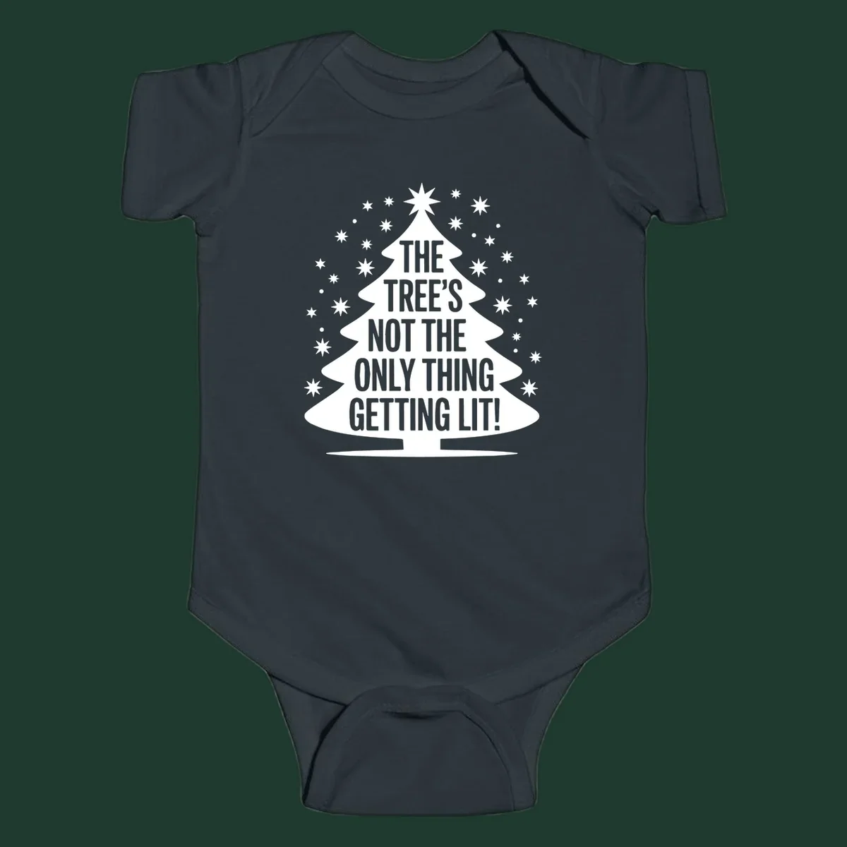 Christmas tree silhouette with text "THE TREE'S NOT THE ONLY THING GETTING LIT!" and surrounding stars.