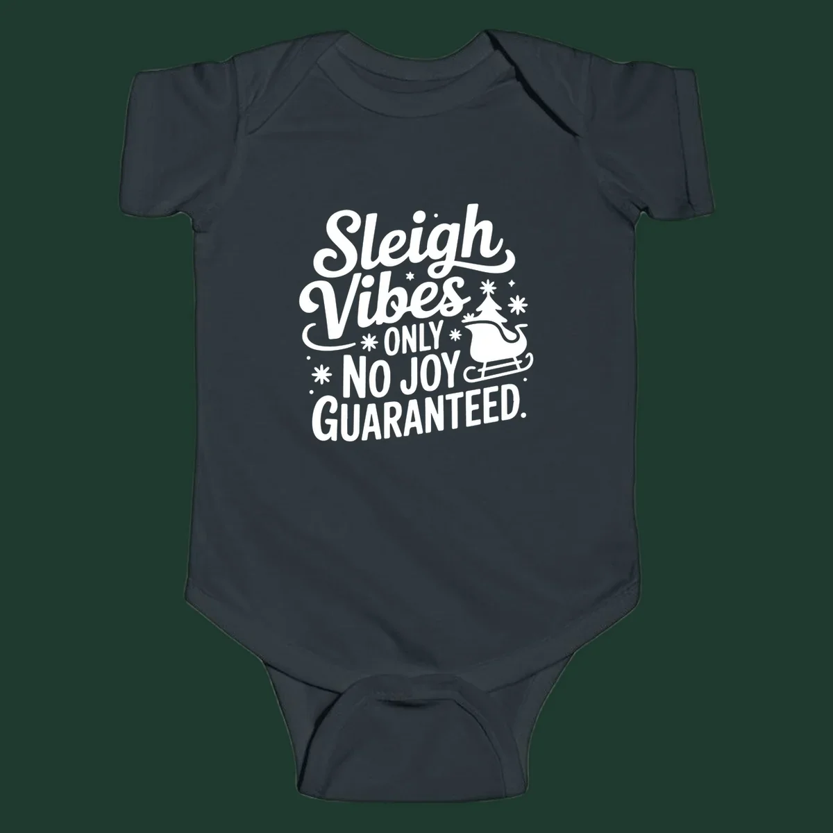 Sleigh vibes no joy guaranteed text with christmas tree and sleigh illustration