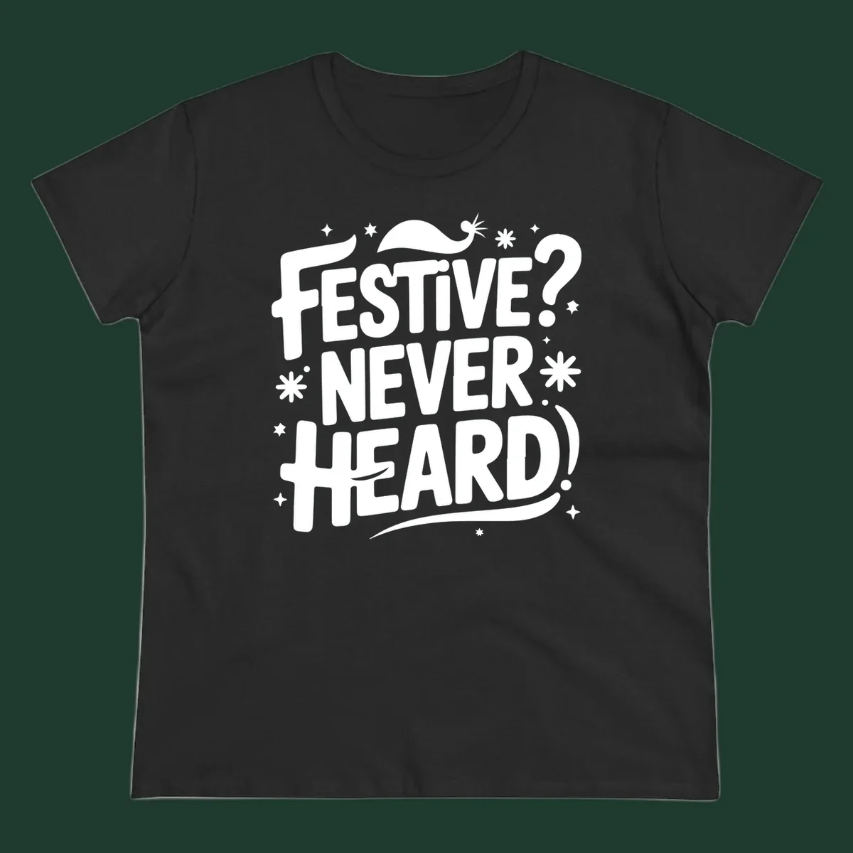 Festive Never Heard Christmas Typography graphic with bold white text and festive elements.