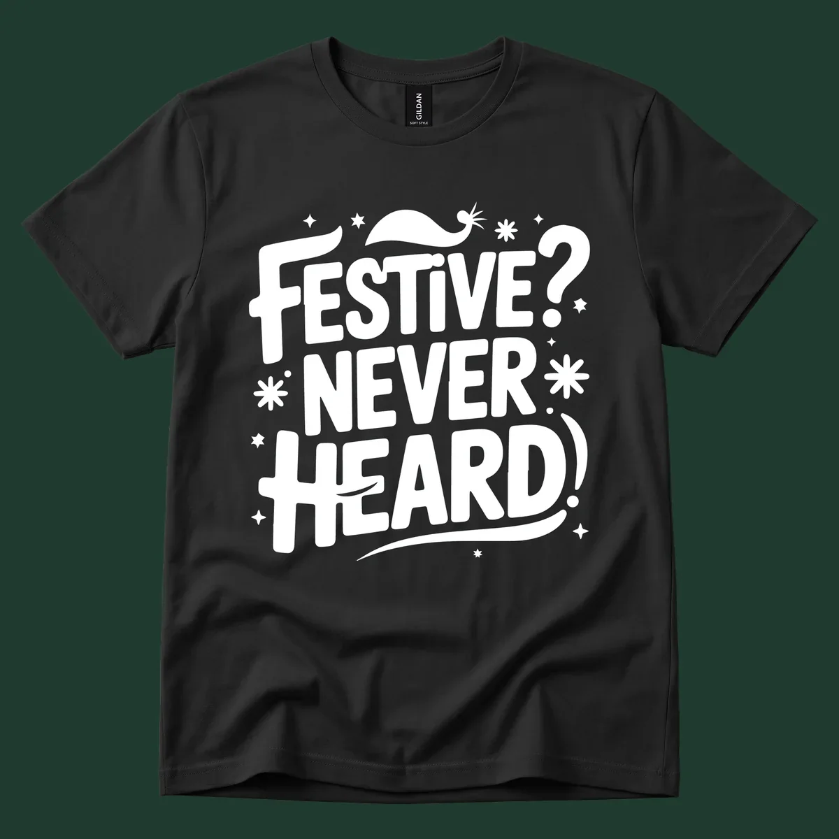 Festive Never Heard Christmas Typography graphic with bold white text and festive elements.
