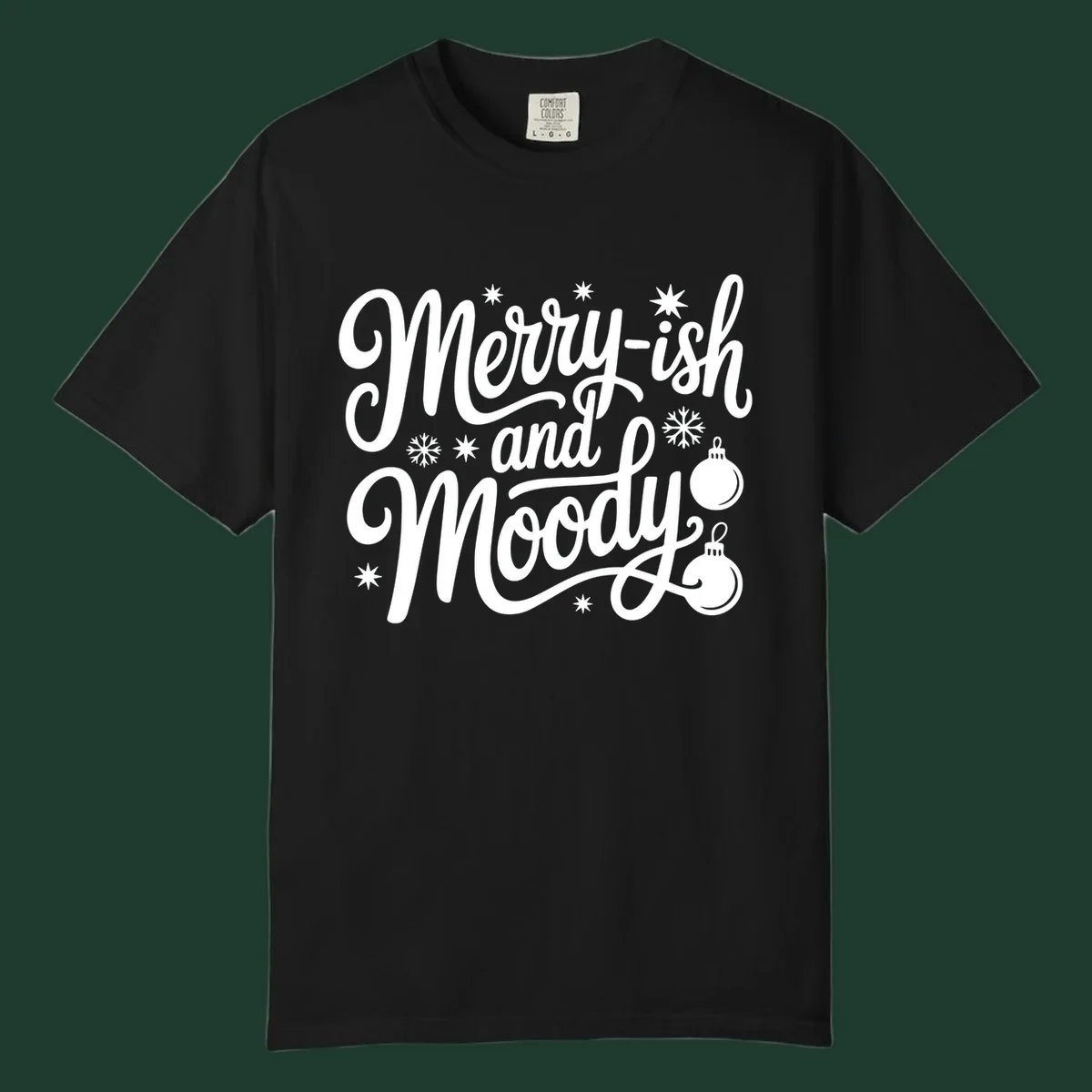 Merry-ish and Moody text with holiday graphic elements, Christmas theme