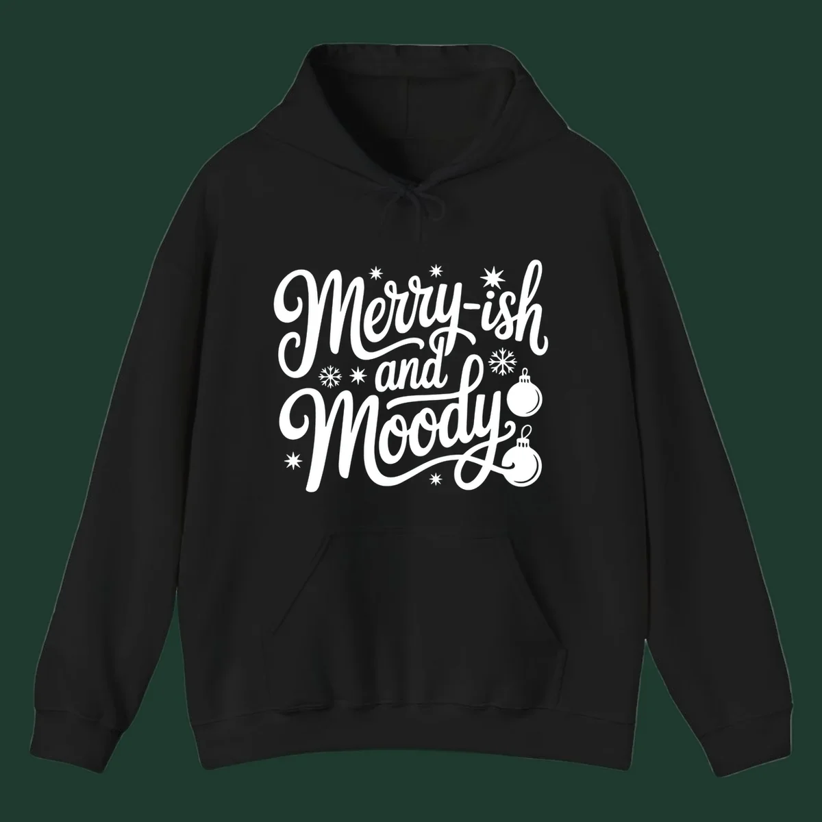 Merry-ish and Moody text with holiday graphic elements, Christmas theme