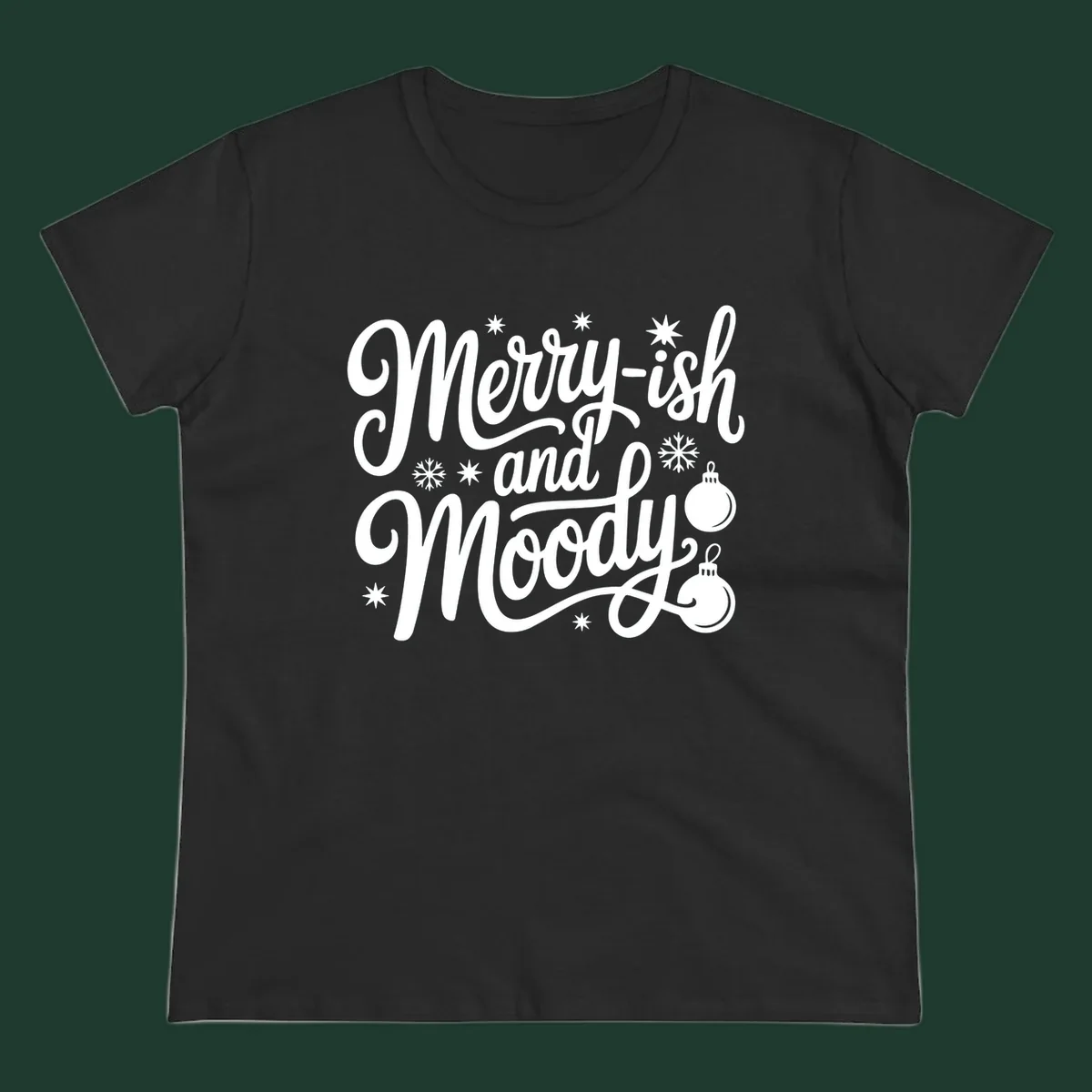 Merry-ish and Moody text with holiday graphic elements, Christmas theme