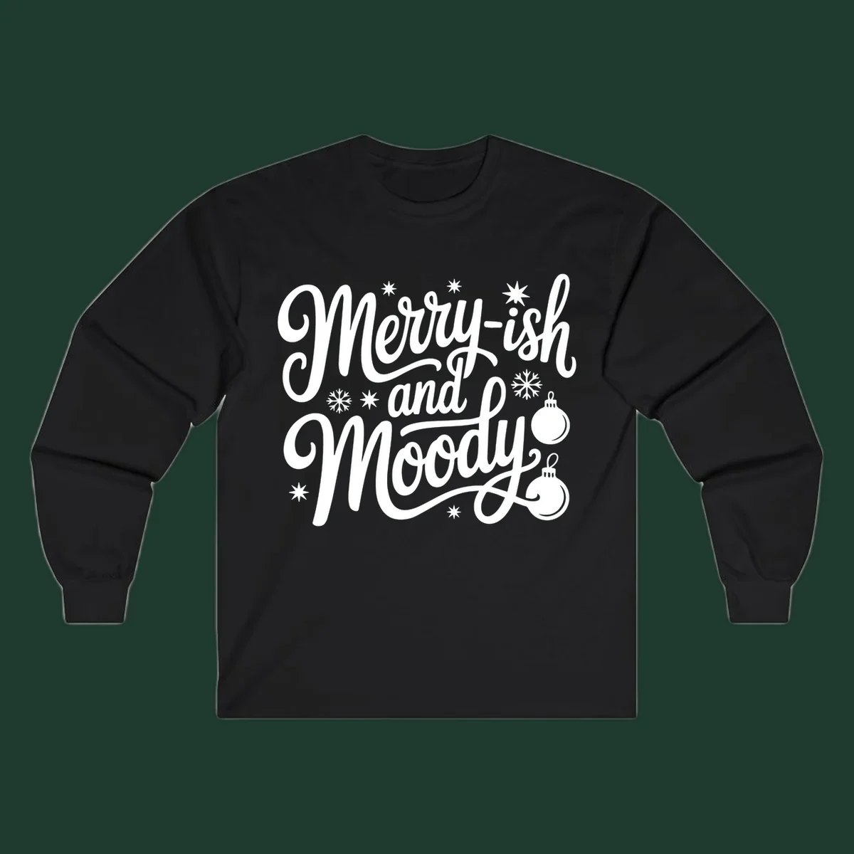 Merry-ish and Moody text with holiday graphic elements, Christmas theme