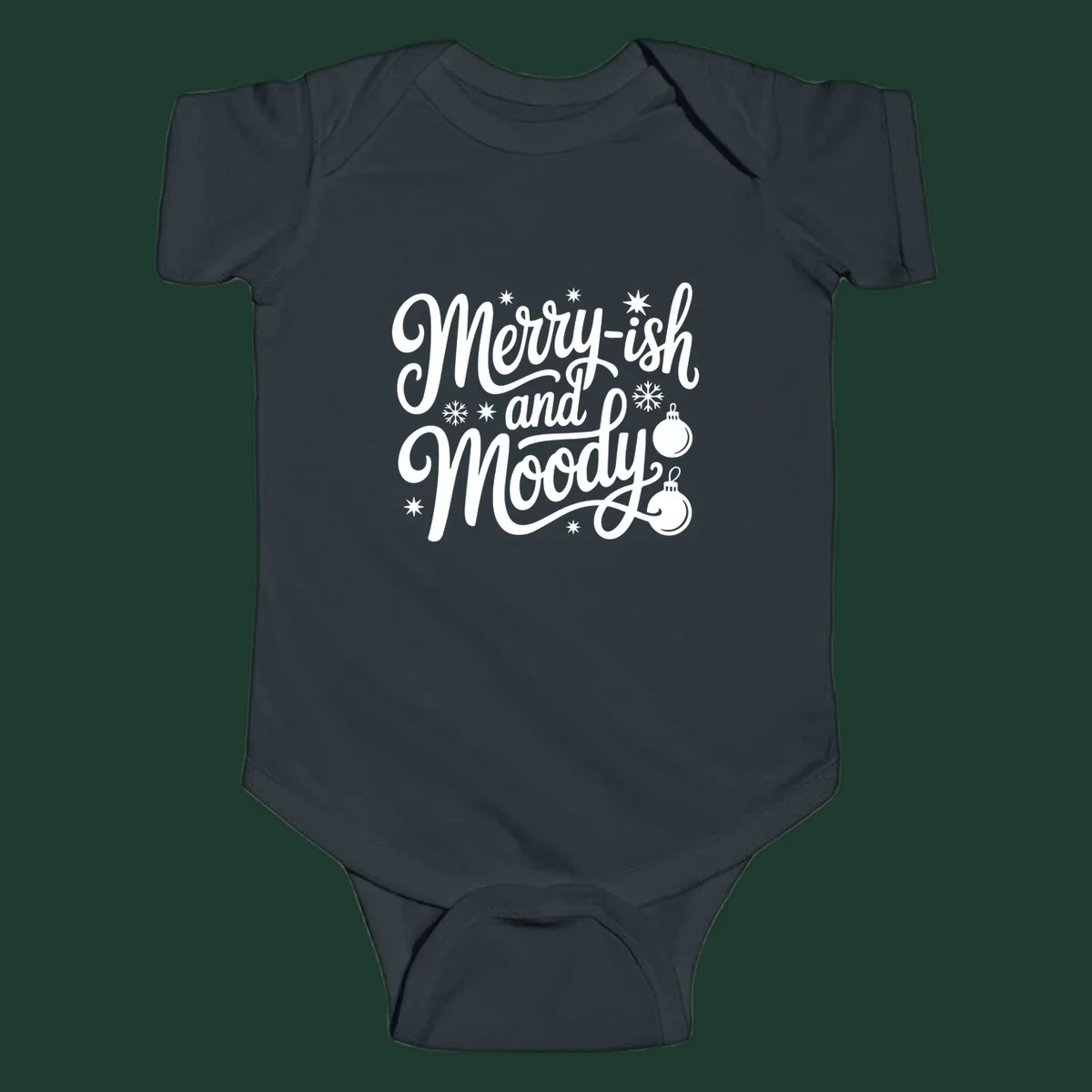Merry-ish and Moody text with holiday graphic elements, Christmas theme