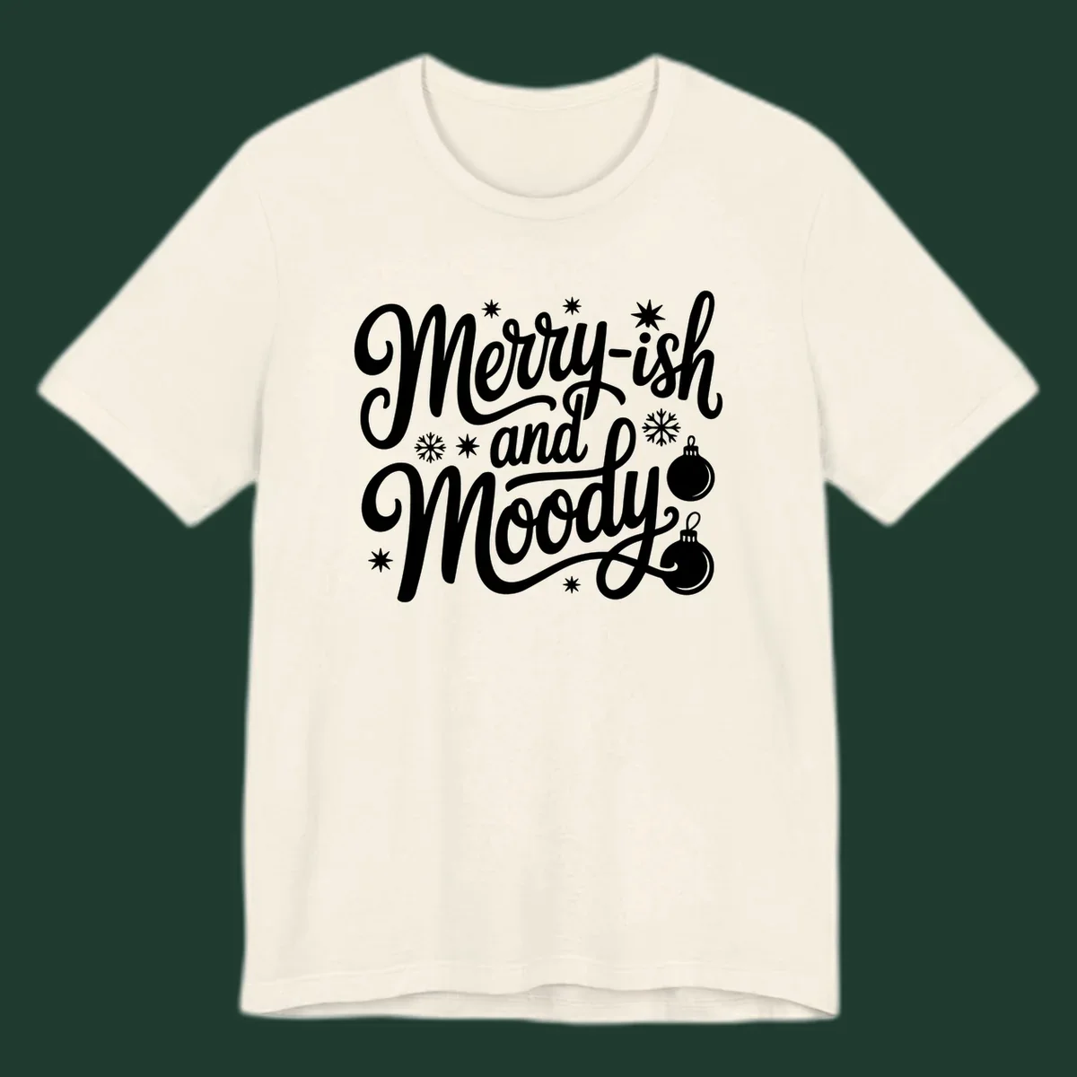 Merry-ish and Moody text with holiday graphic elements, Christmas theme