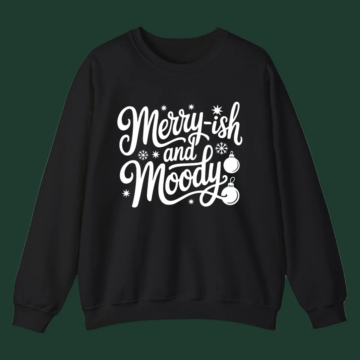 Merry-ish and Moody text with holiday graphic elements, Christmas theme