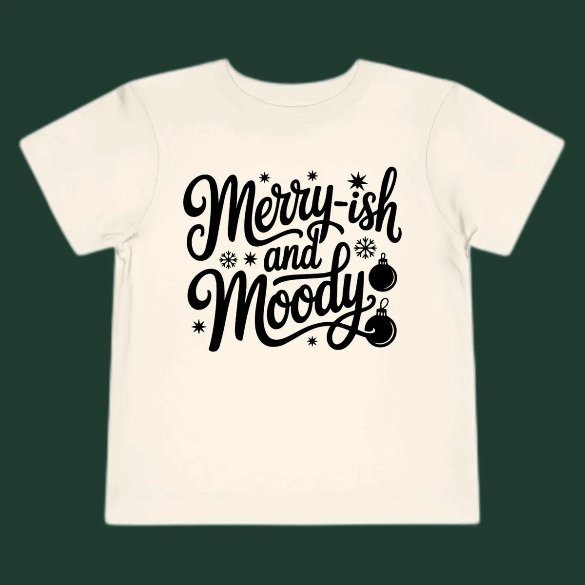 Merry-ish and Moody text with holiday graphic elements, Christmas theme
