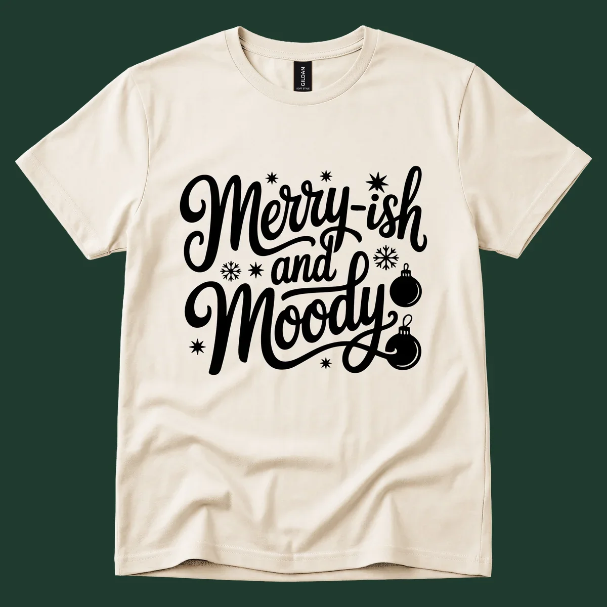 Merry-ish and Moody text with holiday graphic elements, Christmas theme