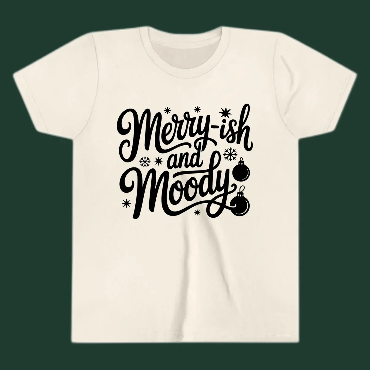 Merry-ish and Moody text with holiday graphic elements, Christmas theme