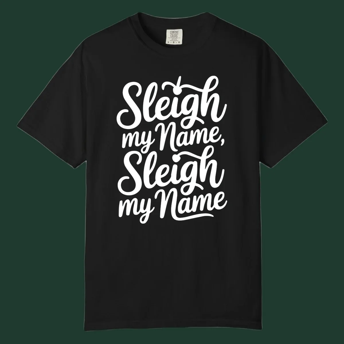 Sleigh my name pun text design in white script font on black.