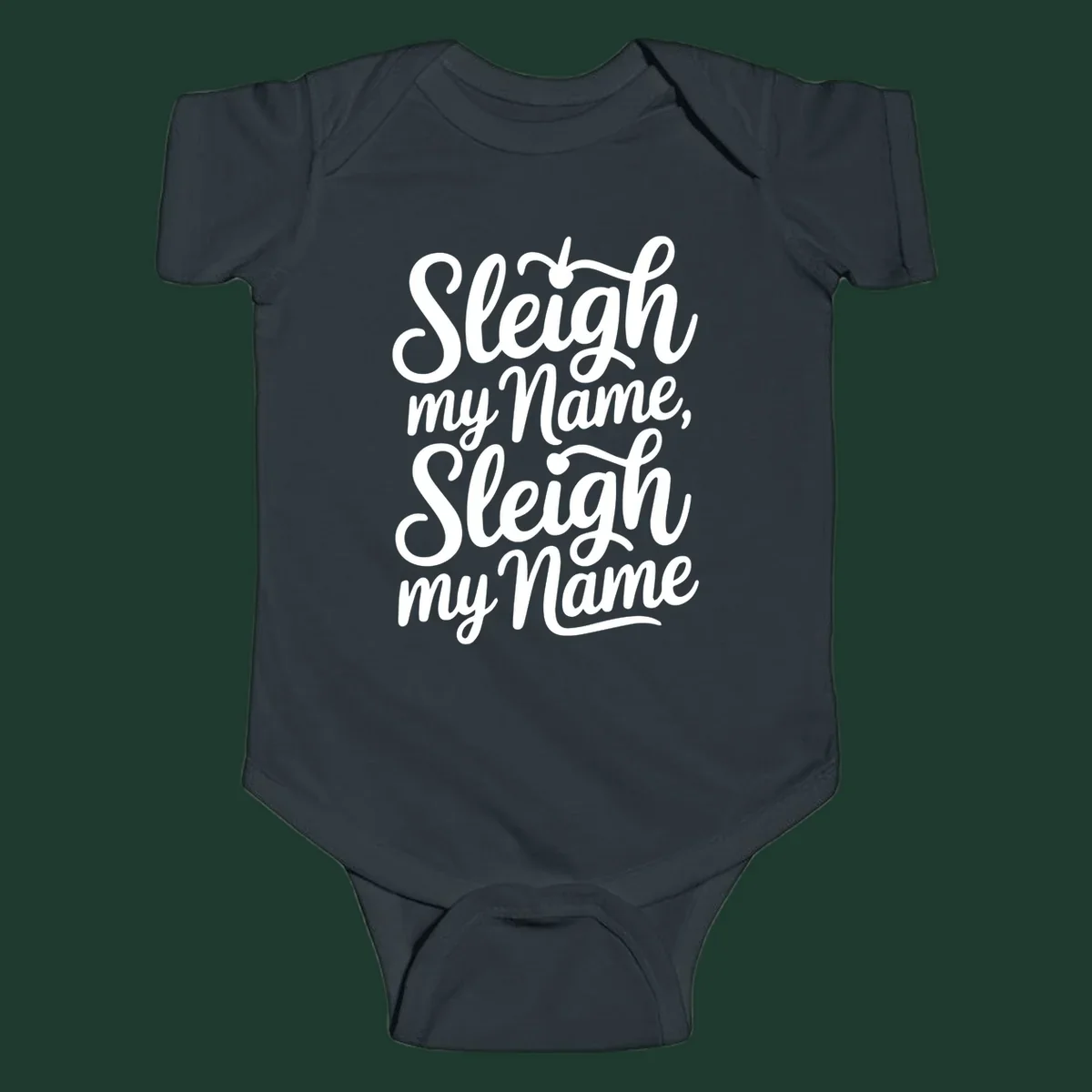 Sleigh my name pun text design in white script font on black.