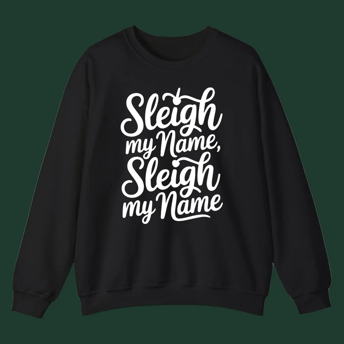Sleigh my name pun text design in white script font on black.