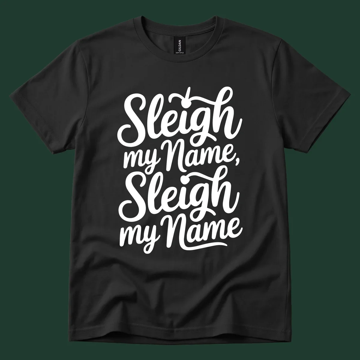 Sleigh my name pun text design in white script font on black.