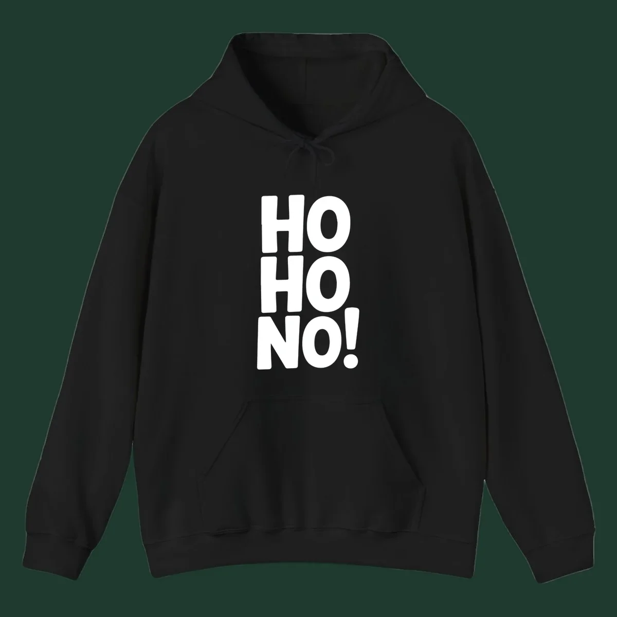 Bold white typography spelling HO HO NO, a modern ironic Christmas phrase.