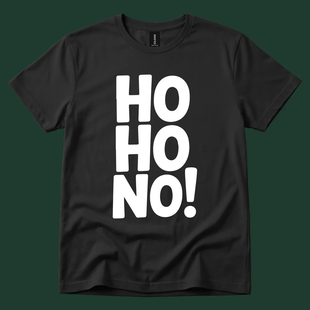 Bold white typography spelling HO HO NO, a modern ironic Christmas phrase.