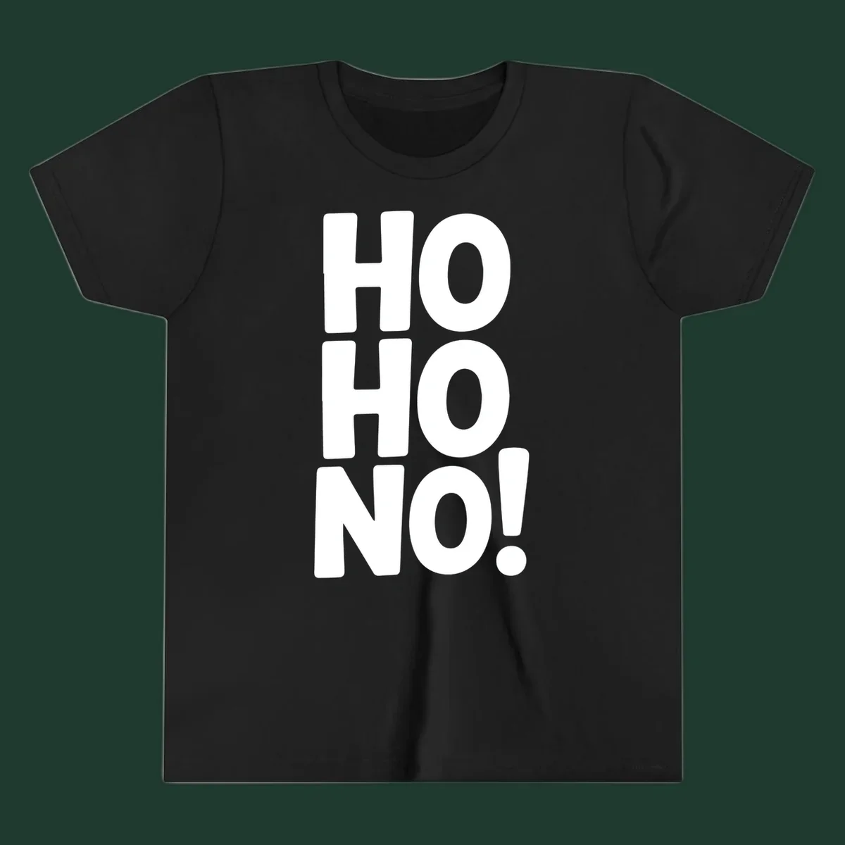 Bold white typography spelling HO HO NO, a modern ironic Christmas phrase.