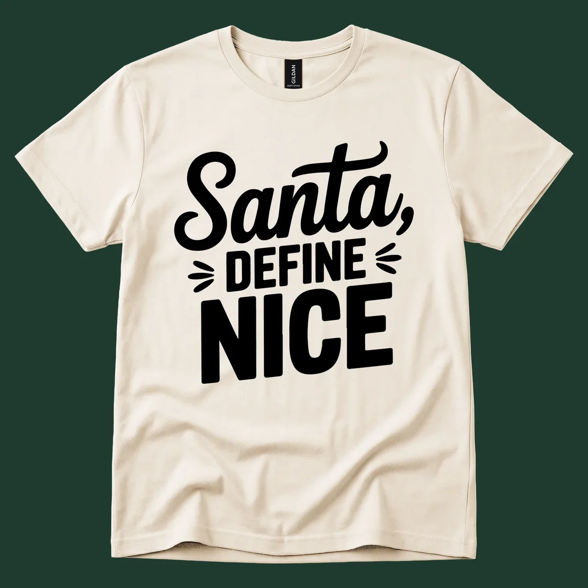 Typography design asking "Santa, DEFINE NICE" in white lettering.