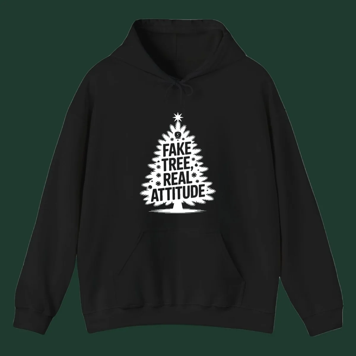 Fake tree, real attitude Christmas graphic with a stylized tree and bold text.