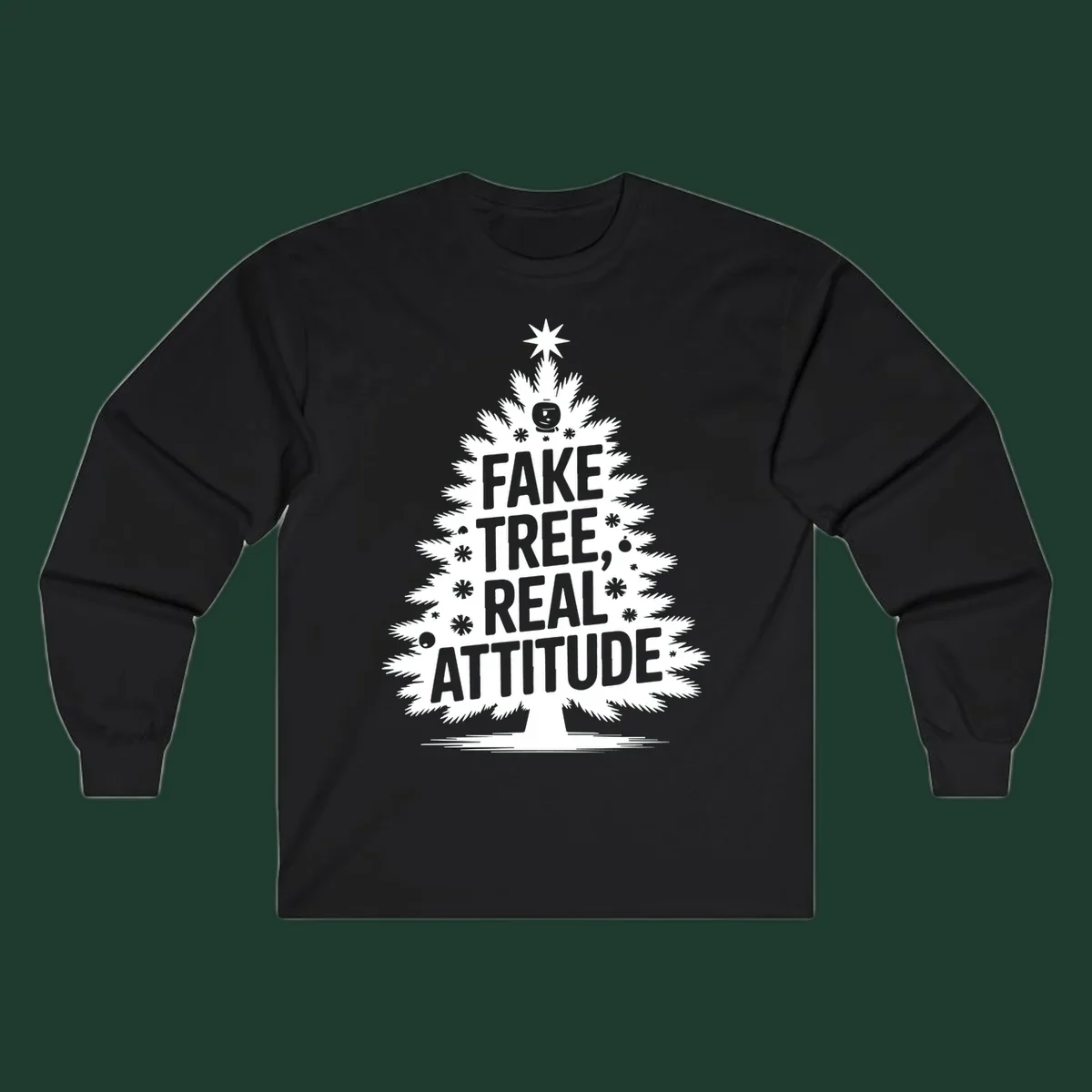 Fake tree, real attitude Christmas graphic with a stylized tree and bold text.
