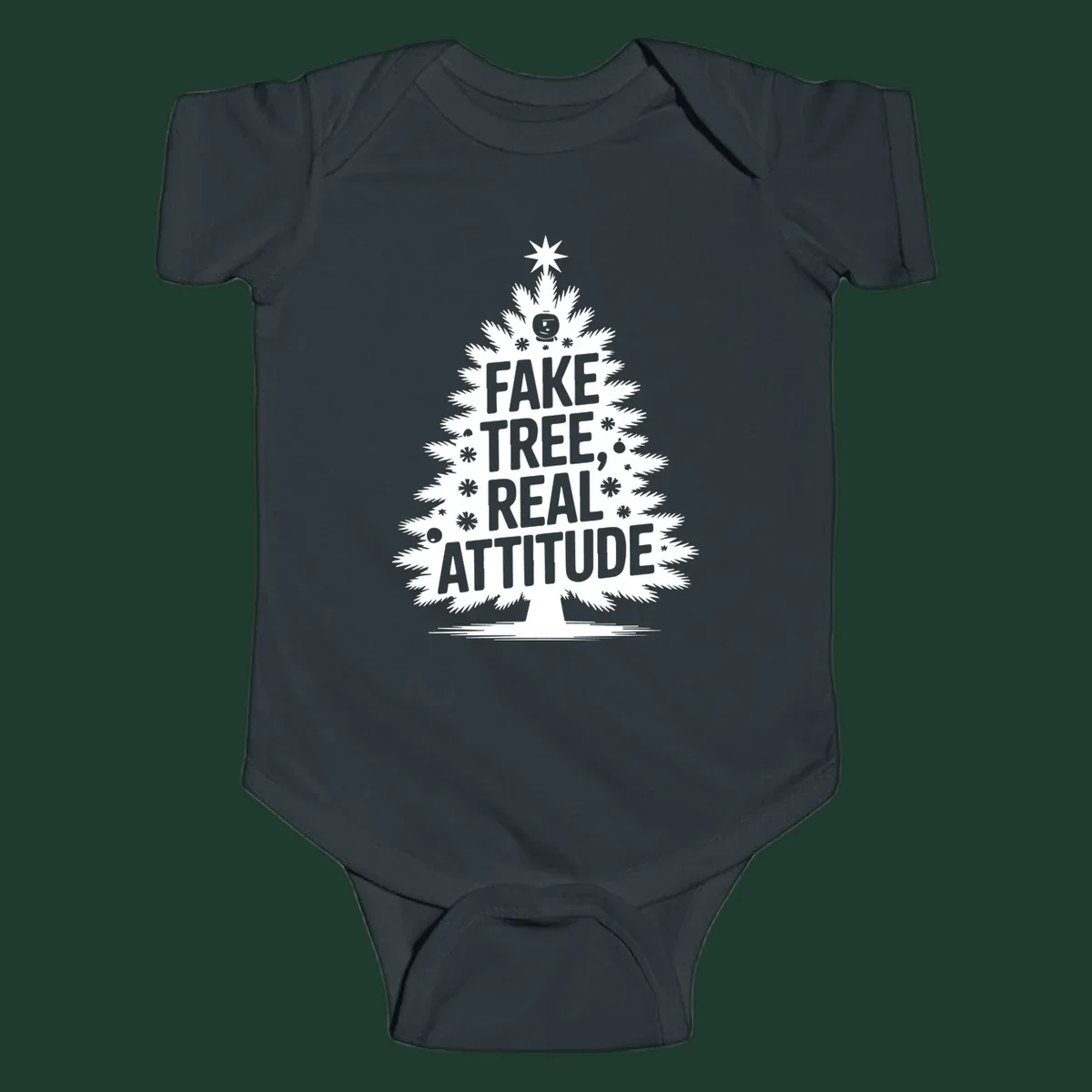 Fake tree, real attitude Christmas graphic with a stylized tree and bold text.