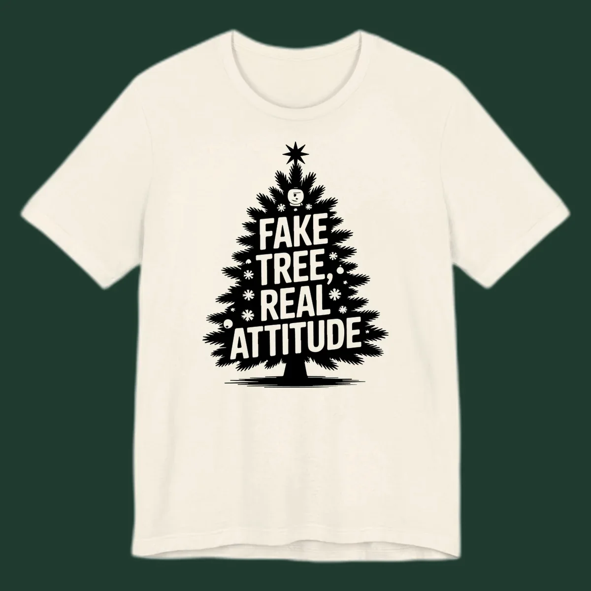 Fake tree, real attitude Christmas graphic with a stylized tree and bold text.