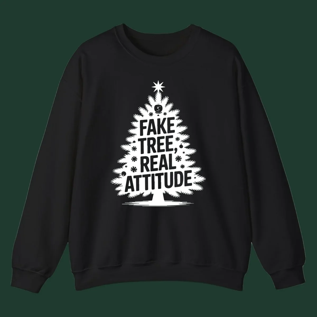 Fake tree, real attitude Christmas graphic with a stylized tree and bold text.